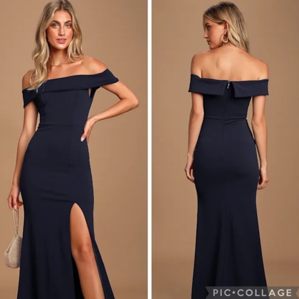 NWT Lulus Aveline Navy Blue Off Shoulder Maxi Dress Size S Formal Prom‎ Wedding